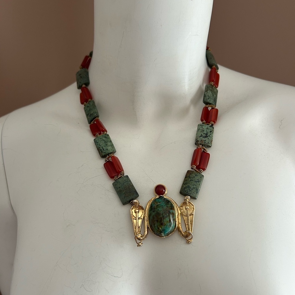 SCARAB BEETLE Elegant Gold and Red Stone Necklace 22 inches Turquoise 🪲